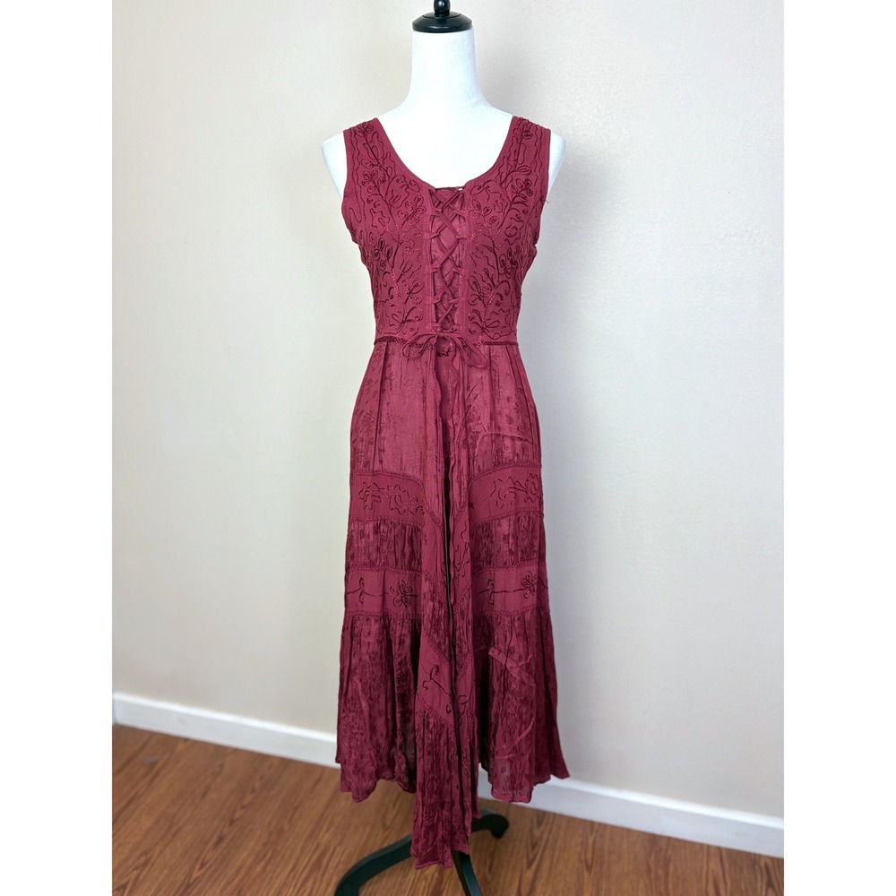 NEW Scully Burgundy Floral Embroidered Asymmetrical Maxi Dress Medium Ren Faire